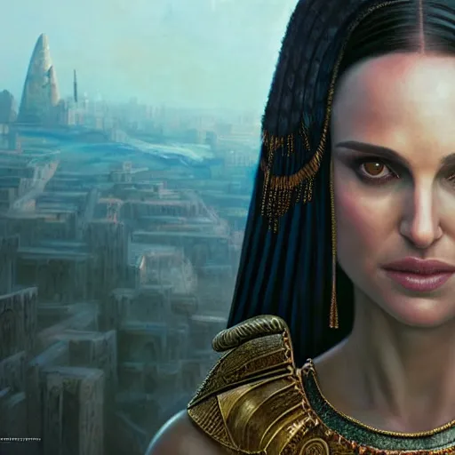 Image similar to closeup portrait of natalie portman as cleopatra, city background, dramatic light, gorgeous view, depth, high detail, digital art, painted by greg rutkowski and seb mckinnon, trending on artstation