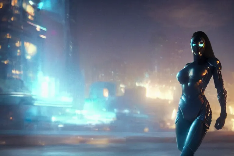 Prompt: VFX movie of a futuristic inhuman alien hero woman in spandex armor in future city, hero pose, beautiful skin, night lighting by Emmanuel Lubezki