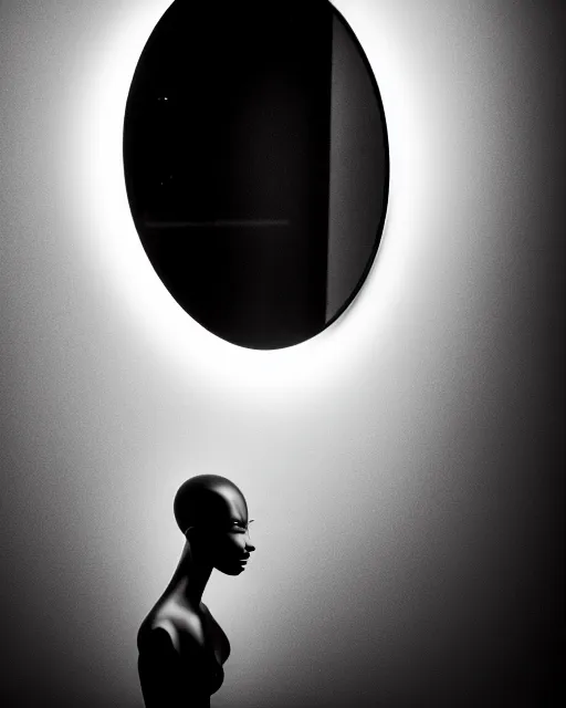 Image similar to black and white high quality photo of a female AI-queen-dragon-meshes-mannequin looking into a sci-fi mirror, volumetric lighting, brutalism, foggy, dreamy, hyperdetailed, bokeh, photorealistic, cinematic, masterpiece, elegant, dark, by Man Ray in the style of Horst P. Horst, octane render, 8K,