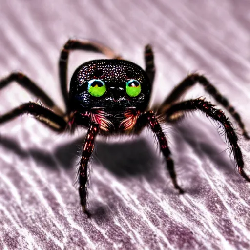 Image similar to a jumping spider pressing tiny keyboard keys tiny, by pixar, macro lens, iridescent, character concept art