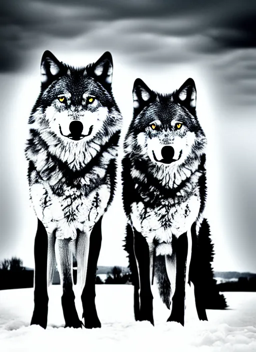 Image similar to two wolves black and white portrait white sky in background