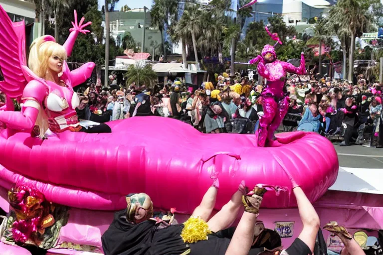 Image similar to Angelyne fights Scorpion from Mortal Kombat on a float at the Rose Parade, hyperdetailed, photorealistic,