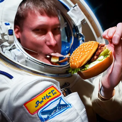 Image similar to an astronaut eating burger at space