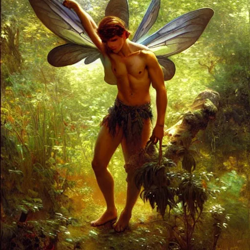 Image similar to attractive male fairy with wings in the forest, posing. highly detailed painting by gaston bussiere, craig mullins, j. c. leyendecker, 8 k