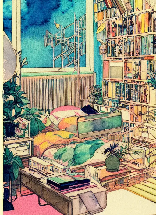 Prompt: vintage cinematic 7 0 s anime comic book watercolor of architecture design by studio ghibli and by frantisek kupka, composition by wes anderson, fisheye lens, pov perspective of maximalist botanical old shabby chic bedroom filled with posters and shelves and nic nacs by enjolras delphin, ethereal soft and fuzzy glow, by cicely mary barker