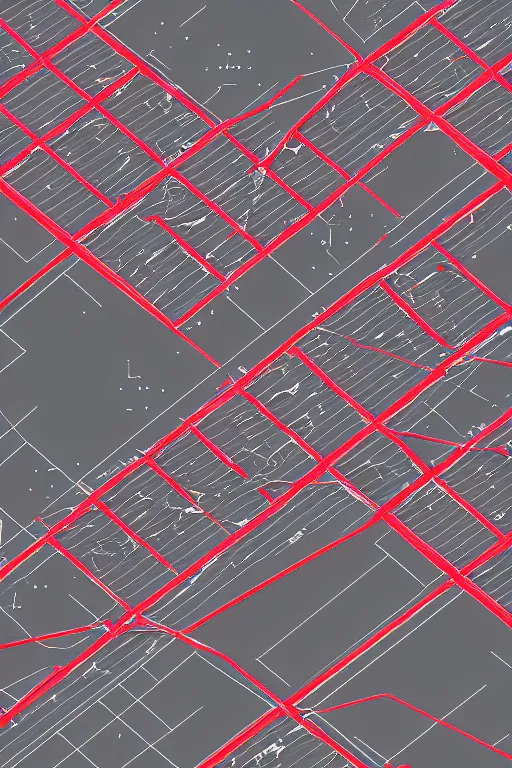 Image similar to drone perspective, aerial view, top down, grid city streets and road, in the style of dr. woo, mostly monochromatic, thin line, hong kong, schematic, blueprint, drawing, black : 3 0 %, red : 2 0 %, grey : 5 0 %, background neutral