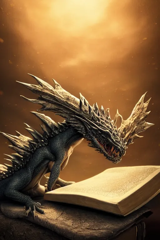 Image similar to A tiny dragon sleeping on an old dusty magic book, dramatic lighting, cinematic, establishing shot, extremely high detail, foto realistic, cinematic lighting, post processed, concept art, high details, cinematic, 8k resolution, beautiful detailed, photorealistic, digital painting, artstation, concept art, smooth, sharp focus, artstation trending, octane render, unreal engine