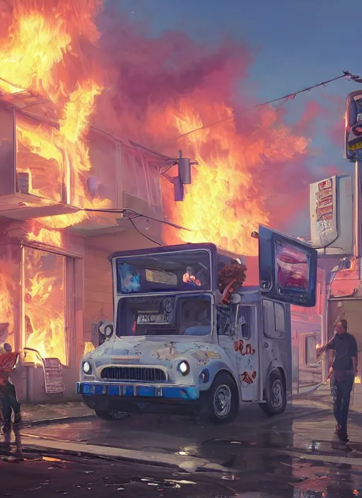 Image similar to highly detailed image of an ice cream truck on fire, in gta v, stephen bliss, unreal engine, fantasy art by greg rutkowski, loish, rhads, ferdinand knab, makoto shinkai and lois van baarle, ilya kuvshinov, rossdraws, tom bagshaw, global illumination, radiant light, detailed and intricate environment