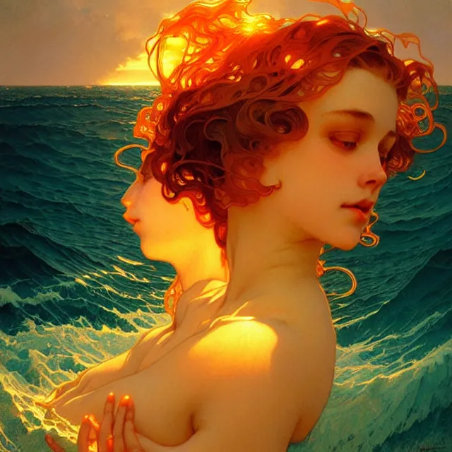 Prompt: mind bending ocean waves of glossy liquid psychedelic honey drops flowing like psychedelic translucent amber, lsd waves, lsd ripples, backlit, sunset, refracted lighting, art by collier, albert aublet, krenz cushart, artem demura, alphonse mucha