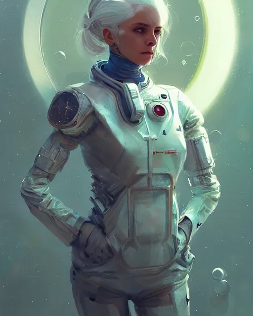 Prompt: detailed portrait white haired girl, solarpunk futuristic utopia, scifi astronaut suit, android parts, decorated with golden ornaments by Ismail inceoglu dragan bibin hans thoma greg rutkowski Alexandros Pyromallis Nekro Rene Maritte Illustrated, Perfect face, fine details, realistic shaded, fine-face, pretty face