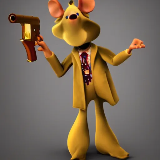 Image similar to 3d anthropomorphic rat, disney pixar, holding tommy gun, velvet, fur coat, high quality, golden necklace, fendi, high fashion