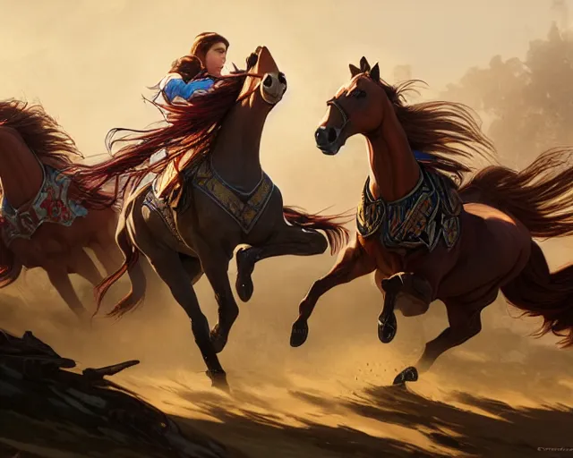 Image similar to horse race with customized horses, deep focus, d & d, fantasy, intricate, elegant, highly detailed, digital painting, artstation, concept art, matte, sharp focus, illustration, hearthstone, art by artgerm and greg rutkowski and alphonse mucha