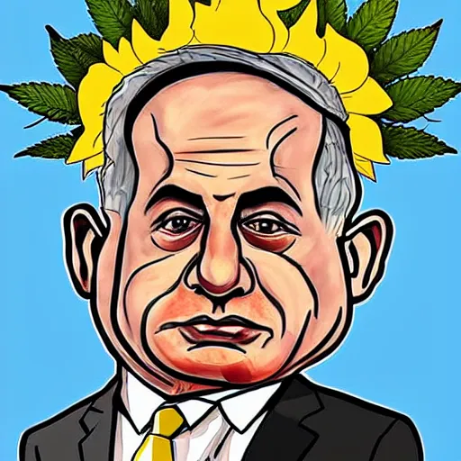 Image similar to a caricature of Benjamin Netanyahu holding a giant marijuana plant, detailed face, digital art, highly detailed