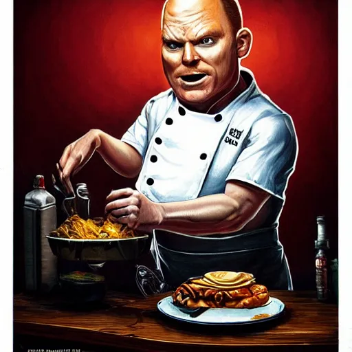Prompt: an insanely detailed painting of bill burr wearing a chef costume waiting on tables, in the style of peter mohrbacher, dramatic lighting and composition, trending on artstation, concept art, comic book