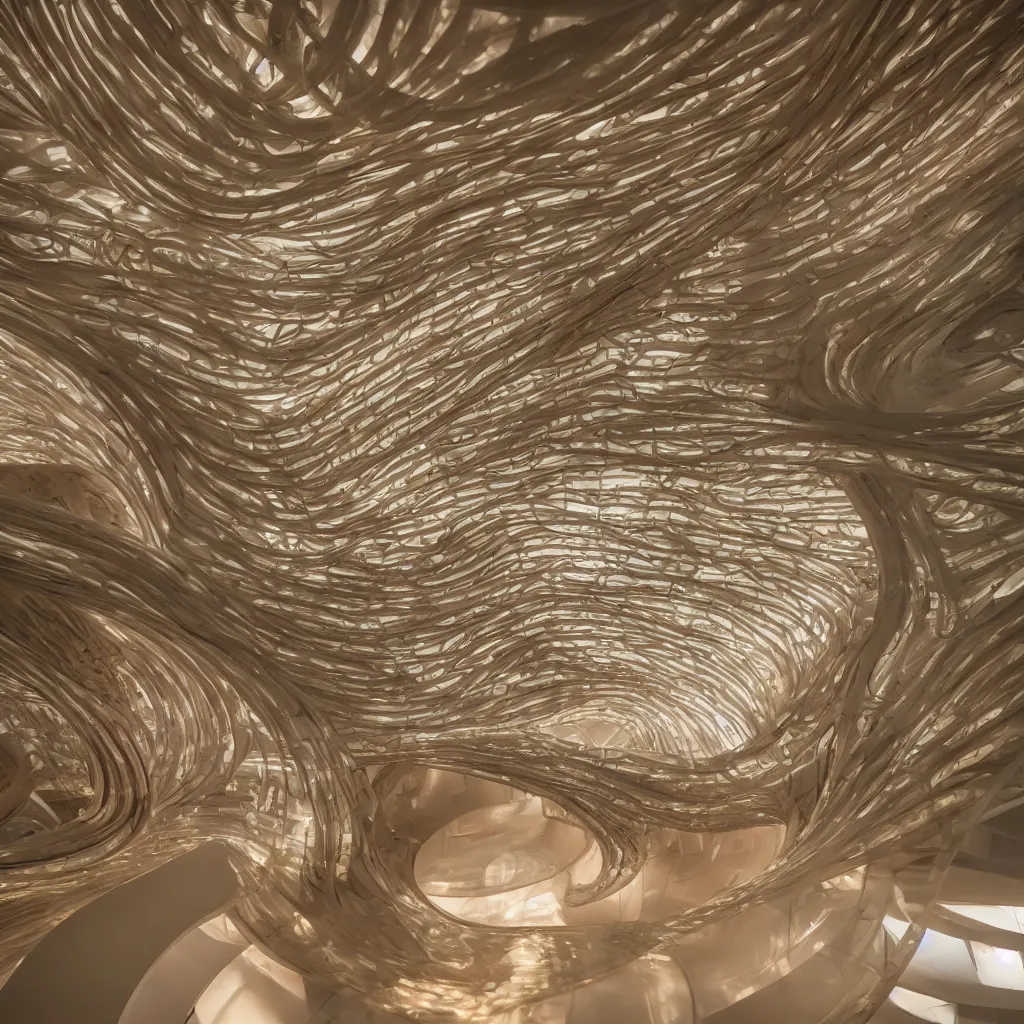 Prompt: extremely detailed stunning beautiful futuristic smooth curvilinear museum interior, translucent gills, contrast, hyper real, high quality, 8k, 3D cinematic volumetric light, atmospheric light