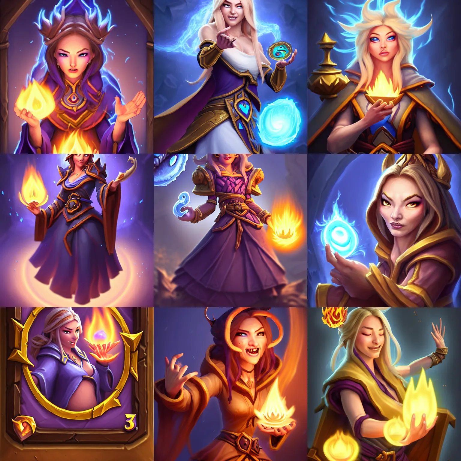 Prompt: CLOSED EYES!!!!! Hearthstone official professional art. A sorceress, wearing a robe casting a fire ball. Insanely coherent physical body parts (face, arms, legs, hair, eyes, pupil, eye white). Full body realistic, sharp focus, 8k high definition, insanely detailed, intricate, elegant, smooth, sharp focus, illustration, ArtStation