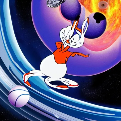 Prompt: Poster of Bugs Bunny in space dunking into a black hole, highly detailed, realistic, view from the bottom, earth is in the background