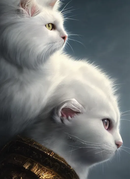 Prompt: masterpiece portrait of a white fluffy cat with cosmic armor, au naturel, hyper detailed, digital art, trending in artstation, cinematic lighting, studio quality, smooth render, unreal engine 5 rendered, octane rendered, art style by klimt and nixeu and ian sprigger and wlop and krenz cushart and kim jung gi and greg rutkowski