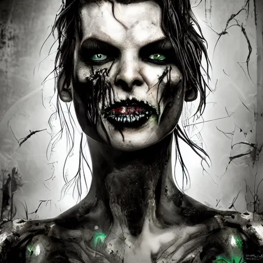 Image similar to angry zombie full body portrait of milla jovovich in an urban szene, grimdark horror, stylized digital illustration, radiating a glowing aura, global illumination, ray tracing, hdr, fanart arstation by ian pesty and katarzyna bek - chmiel