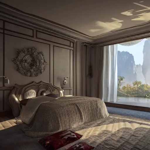 Prompt: a luxury vacation bedroom, groovy architecture, highly detailed digital painting, concept art by yongfei liu, alben tan, vance kocas, octane rendered, low angle, god rays, cg society, unreal engine