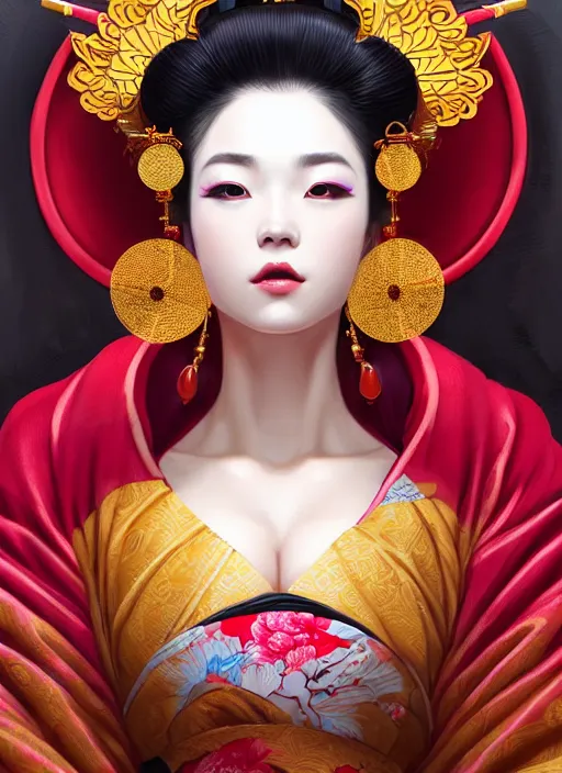 Image similar to dreamlike luxury stunning oiran portrait, red and gold kimono, art by artgerm, wlop, loish, ilya kuvshinov, 8 k realistic, hyperdetailed, beautiful lighting, detailed background, depth of field, symmetrical face, frostbite 3 engine, cryengine,