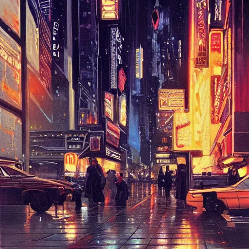Prompt: detailed painting of a bladerunner vintage newyork, old cmputers on the sidewalk, celestial ephemeral ornaments and greek architecture, artstation, syd mead, cinematic