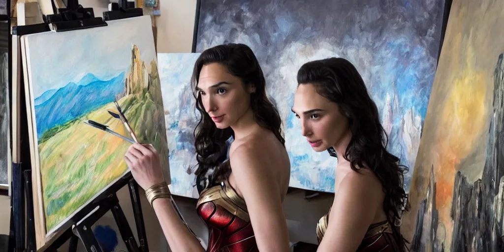 Prompt: gal gadot, stands at a her easel, dressed as wonder woman, paints beautiful landscape art, soft focus, long exposure