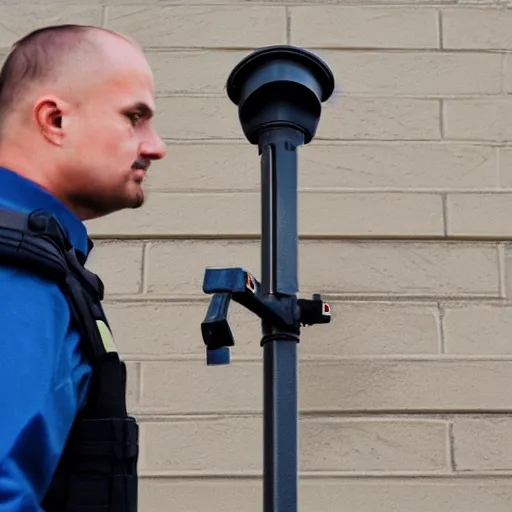 Prompt: a man with a police man with a security camera for a head, detailed, realistic