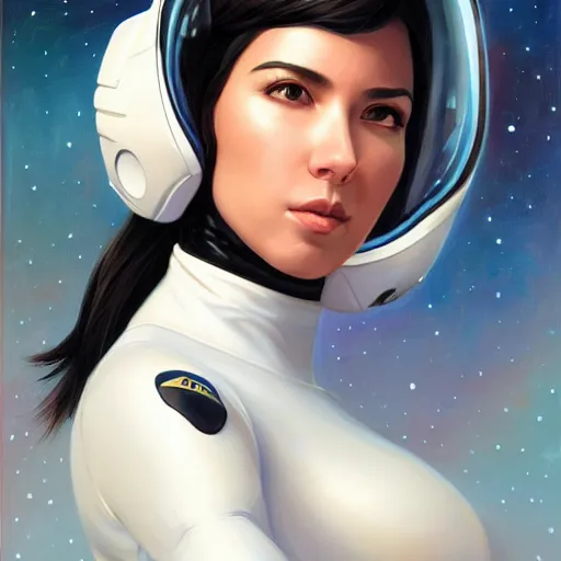 Image similar to a portrait of a very beautiful woman in a spacesuit, Alexandria\'s genesis, shoulder-length black hair, bored, illustration, soft lighting, soft details, painting oil on canvas by mark arian by artgerm, trending on artstation, 4k, 8k, HD