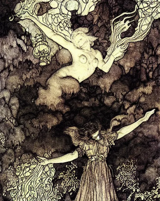 Image similar to a person conjuring!!! an image!!! from a cloud of noise!!!, by arthur rackham, maxfield parrish, and larry elmore, intricate, chaotic, fantasy realism, hopeful, volumetric lighting