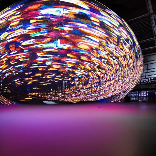 Prompt: high quality professional canon wide - angle lens photo of large scale immersive public art installation inside low light printworks london venue width single suspended big sphere with space liquid generative visuals projected on it and giant led screen on ceiling. rich colors, high contrast, gloomy atmosphere, dark background. trending on artstation.