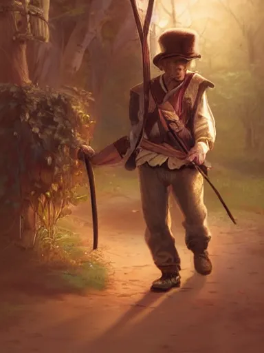 Image similar to a handsome lad, holding a adorned cane. walking in a rural area. intricate, elegant, highly detailed, digital painting, artstation, concept art, sharp focus, illustration, by justin gerard and artgerm, 8 k