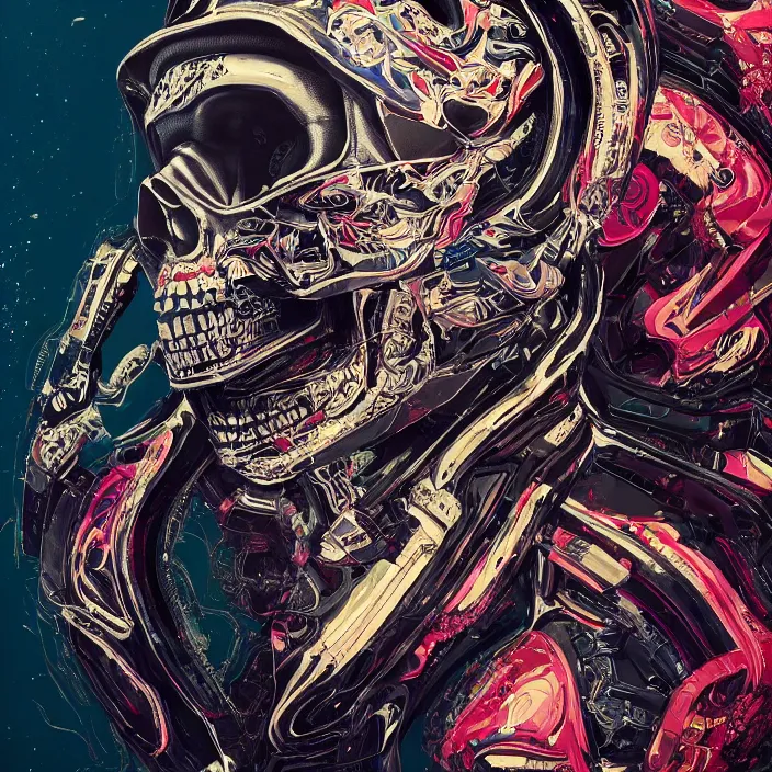 Prompt: portrait of a skull in a racing suit. intricate abstract. intricate artwork. by Tooth Wu, wlop, beeple, dan mumford. octane render, trending on artstation, greg rutkowski very coherent symmetrical artwork. cinematic, hyper realism, high detail, octane render, 8k, iridescent accents