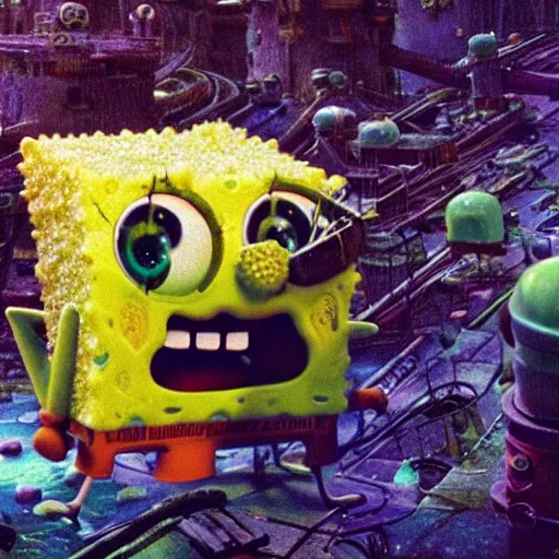 Prompt: dystopian grungecore spongebob, epic, cinematic shot, 8k, by Bruce Pennington, sharp focus, highly detailed, saturated