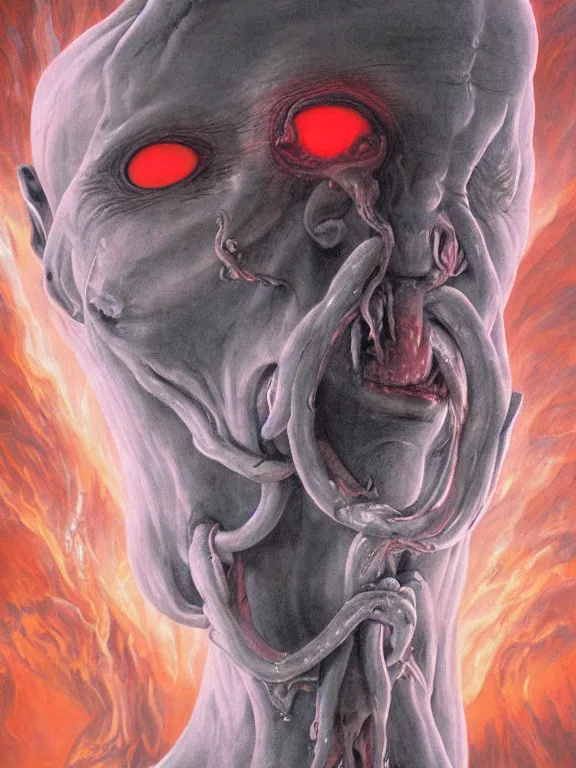 Image similar to wayne barlowe painting of a flying sorrowful looking severed human head with tears running down it's eyes, face that is chalk white in color, with long white tentacles stemming from it's neck, fiery scorching red eyes, background sprawling terrifying hellish cave with lava flowing through it's walls, 4 k