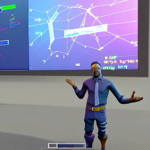 Prompt: fortnite science class lecture on the composition of atoms, diagram on the board, 3 d render, unreal engine 4, high quality