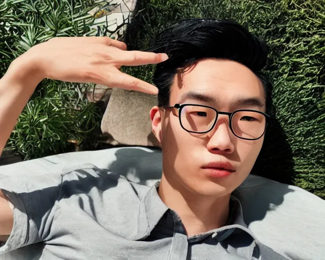 Prompt: mr chen smoke weed and meditate in the garden, he has dark black hair, young, detailed glad face, short hair, wearing glasses, muscular chest, pregnant belly, golden hour closeup photo, eyes wide open, ymmm and that smell