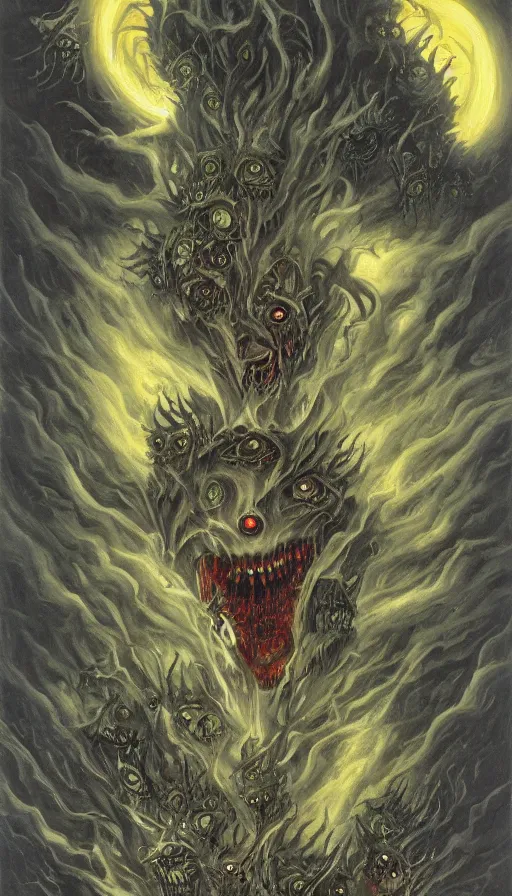 Image similar to a storm vortex made of many demonic eyes and teeth, by gerald brom,