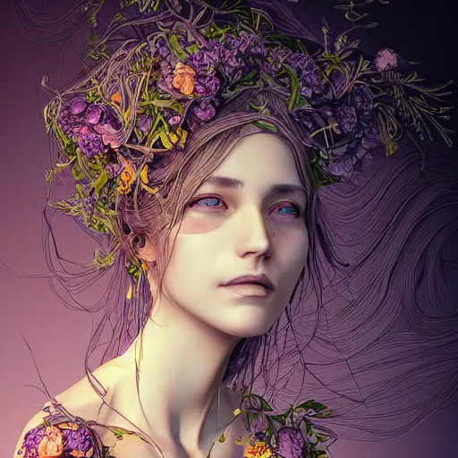 Image similar to the portrait of an incredibly beautiful woman made of potatoes roots and violets, an ultrafine detailed illustration by james jean, final fantasy, intricate linework, bright colors, behance contest winner, vanitas, angular, altermodern, unreal engine 5 highly rendered, global illumination, radiant light, detailed and intricate environment