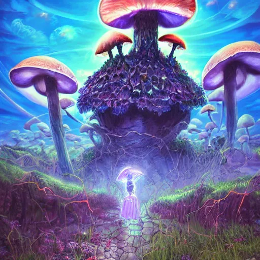 Image similar to anime 4 k headshot portrait of a psychedelic demonic anthropomorphic insect knight with mushroom themed clothes, magic mushroom village in background by jeff easley, award winning, stylized neon, post - processing, masterpiece, superb resolution. in the art style of junji ito and greg rutkowski. detailed mushroom city in background. hyper realistic anime. perfect art. dalle 2