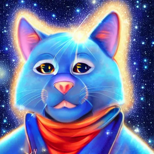 Prompt: A cute anthropomorphic blue cat man with sparkling galaxy, heavenly light, beautiful lighting, highly detailed digital art.