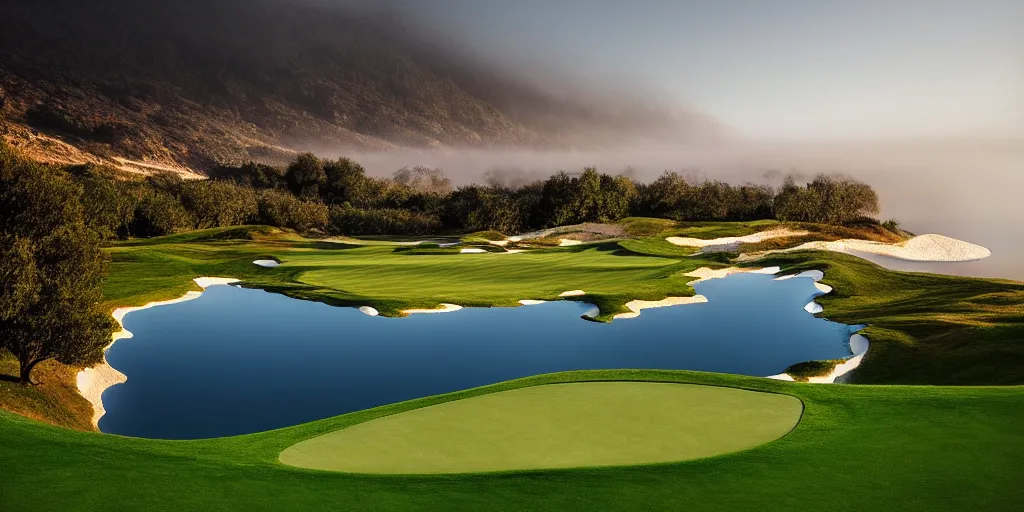 Image similar to a great photograph of the most amazing golf hole in the world completely surrounded by water, calm water, perfect light, ambient light, miniature, tilt shift lens, golf digest, top 1 0 0, fog