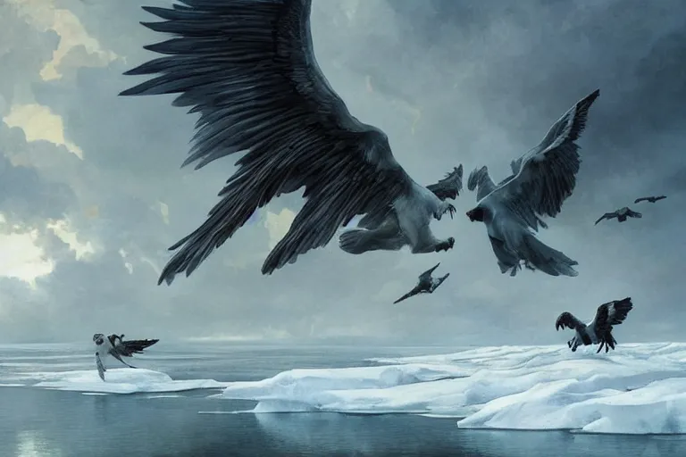 Image similar to harpies descending from the sky towards a baby harp seal on sea ice, with a gray and cool sky, ominous lighting, water color, art by artgerm and greg rutkowski and alphonse mucha and jin xiaodi and anthony devine