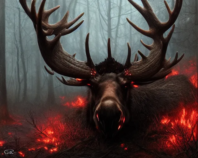 Image similar to 5 5 mm close up portrait photo of an armored demonic burning moose with red eyes and antlers and looking at the camera, in a magical forest. dark atmosphere. art by greg rutkowski and luis royo. highly detailed 8 k. intricate. lifelike. soft light. nikon d 8 5 0.