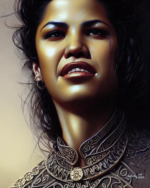 Prompt: selena quintanilla perez,, portrait, close up, concept art, intricate details, highly detailed by greg rutkowski, michael whelan and gustave dore