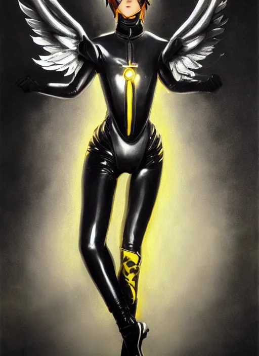 Image similar to full body artwork of tracer overwatch, wearing black latex outfit, in style of zdzisław beksinski, angel wings, dramatic painting, wearing detailed steel collar, black shiny armor, chains, black harness, detailed face and eyes,