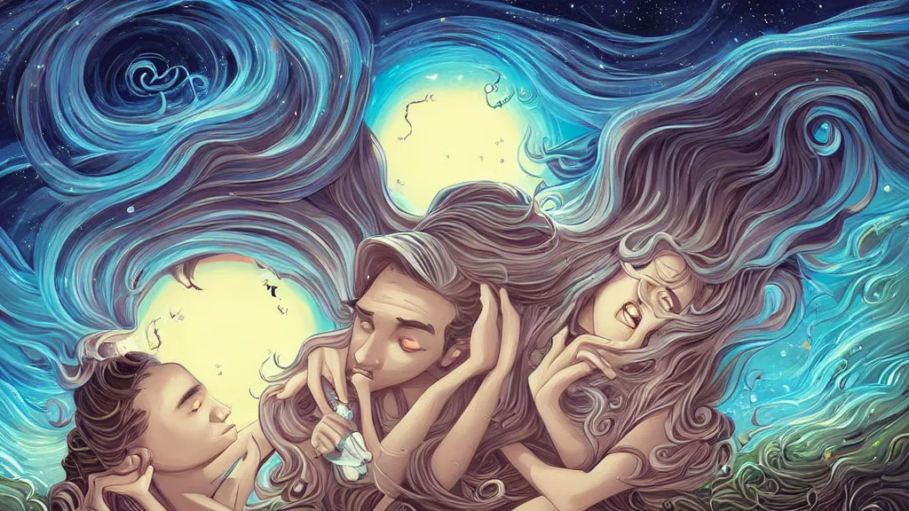 Prompt: in love by cyril rolando and naomi okubo and dan mumford and ricardo bofill. lovecraft. lovecraftian. starry night swirly sky.