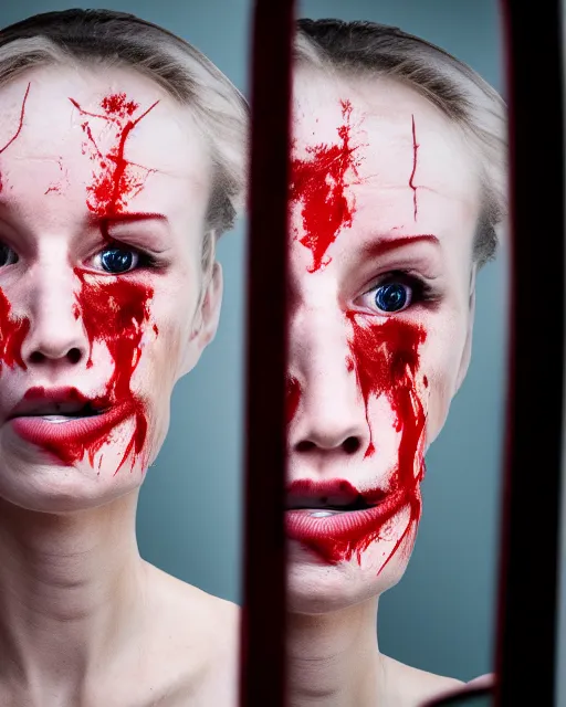 Prompt: the terror of facing yourself in the broken mirror, blood, fear, 8k, ultra realistic