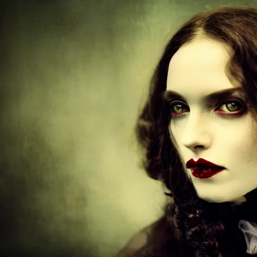 Image similar to A beautiful portrait of a lady vampire, victorian, '20, ominous, dracula, depth of field, bokeh, irwin penn, soft light, cinematic