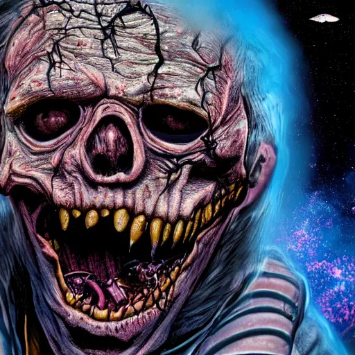 Prompt: a dlsr hyper detailed photo of the rotting zombie floating in outer space known as Eddie the Head from Iron Maiden